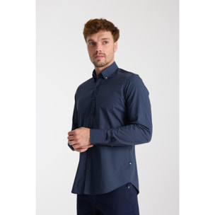 camicia uomo 1 bottone button down slim Popeline Stretch Unito Blu
