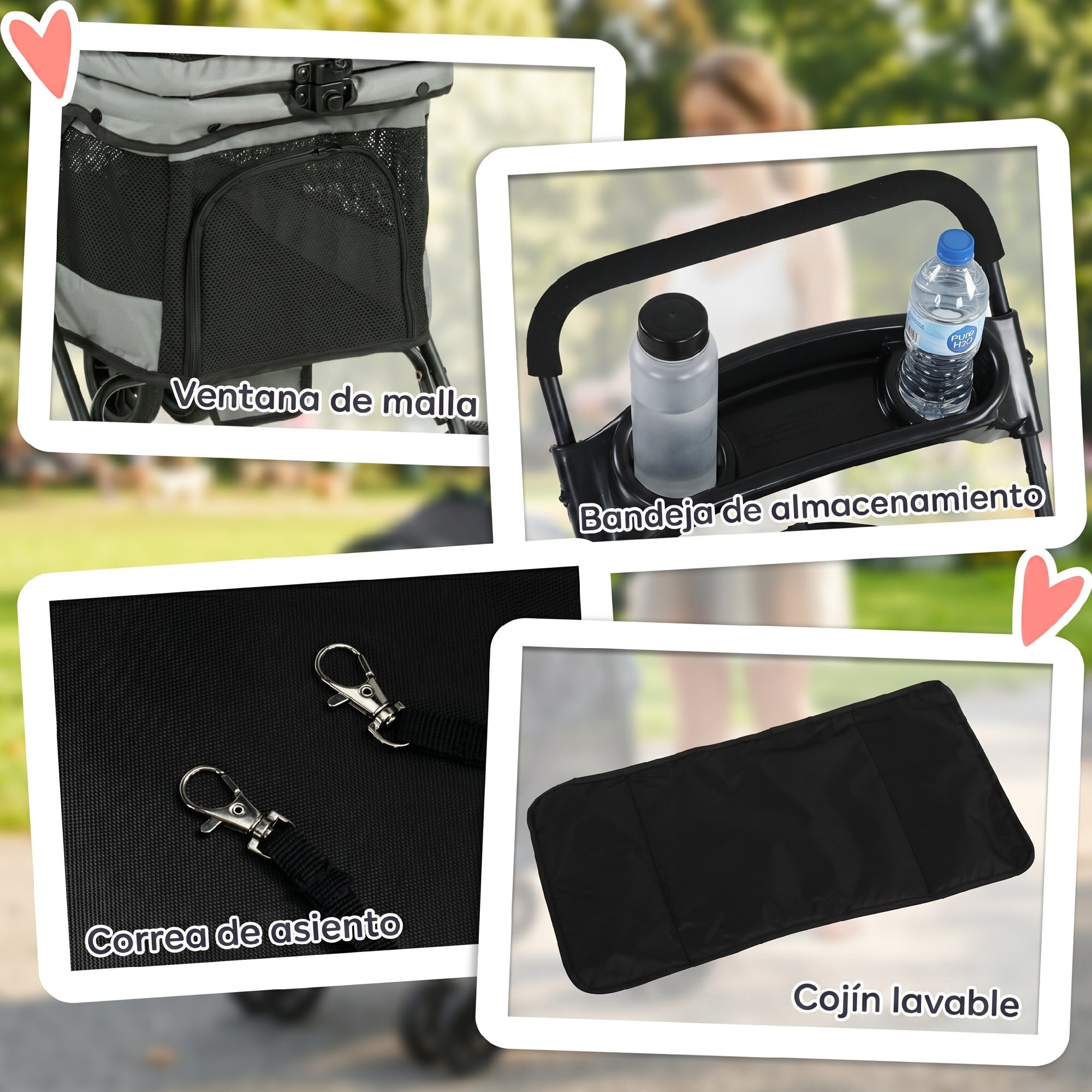 Cochecito para Perros Plegable, hasta 10 kg, Carrito para Perros Pequeños y Gatos de 4 Ruedas de EVA, Giratorio y Freno, Ventanas de Malla, Cojín Extraíble, Bandeja y Portavasos, Ligero, Gris