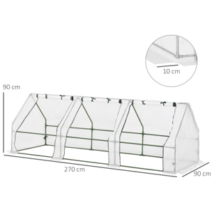 Mini serre de jardin serre à tomates 270L x 90l x 90H cm acier PE haute densité 140 g/m² anti-UV 3 fenêtres avec zip enroulables blanc