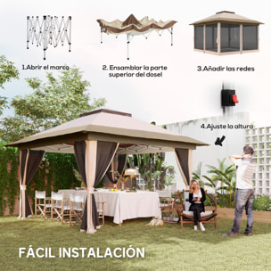 Carpa Plegable Gazebo, 3,6x3,6 m, Cenador Plegable con 4 Paredes Laterales de Malla, Anti-UV, Altura Ajustable, Bolsa de Arena y Bolsa de Transporte, para Camping, Fiestas, Beige