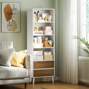 Librería de 6 Niveles Estantería de Libros Organizador con 2 Cajones y 4 Estantes Abiertos para Sala de Estar Oficina Dormitorio Blanco