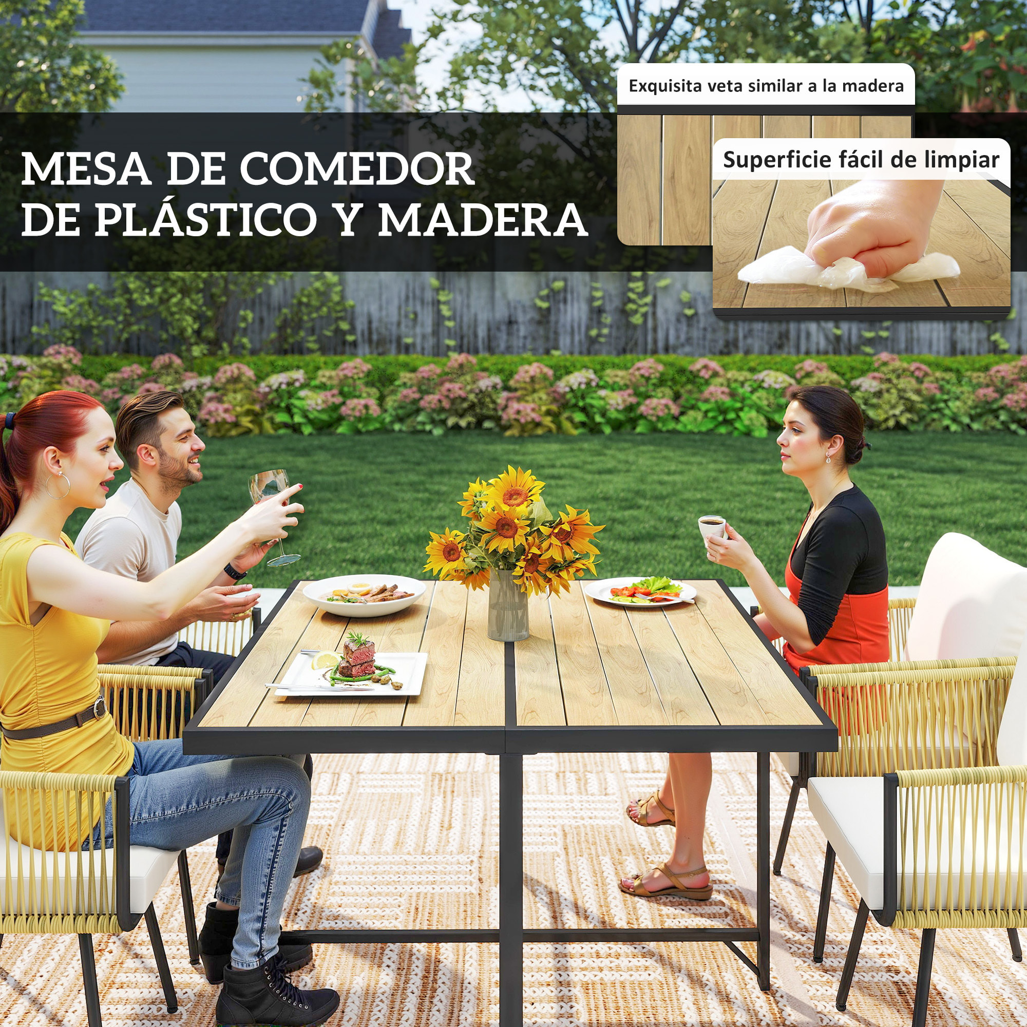 Conjunto de Mesa y Sillas Jardín de Ratán de 5 Piezas, Muebles Jardín Exterior con Mesa de Plástico-Madera y 4 Sillas con Cojines Extraíbles, Marco de Metal Resistente para Terraza, Beige