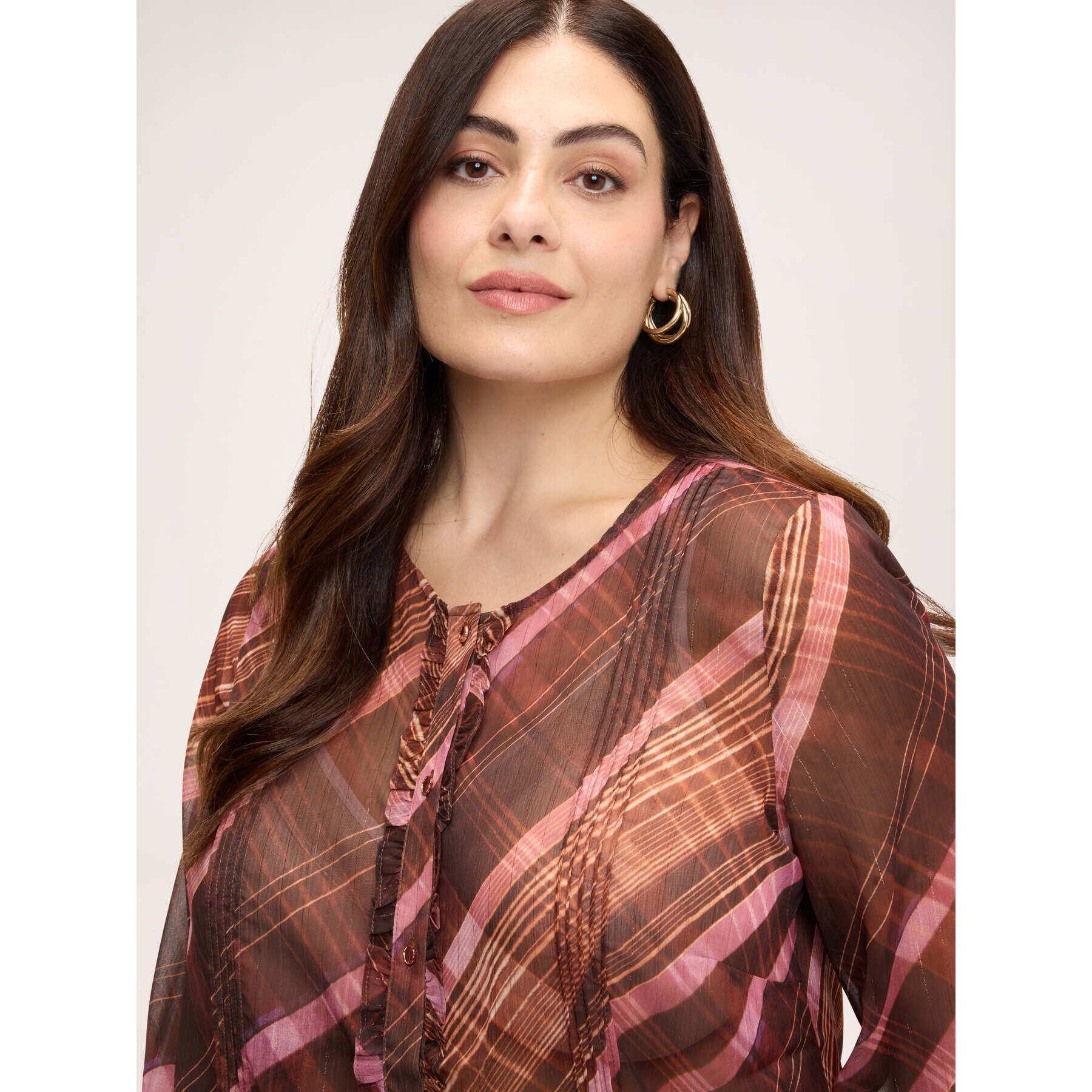 Fiorella Rubino - Camicia con stampa check e balze in georgette - Marrone
