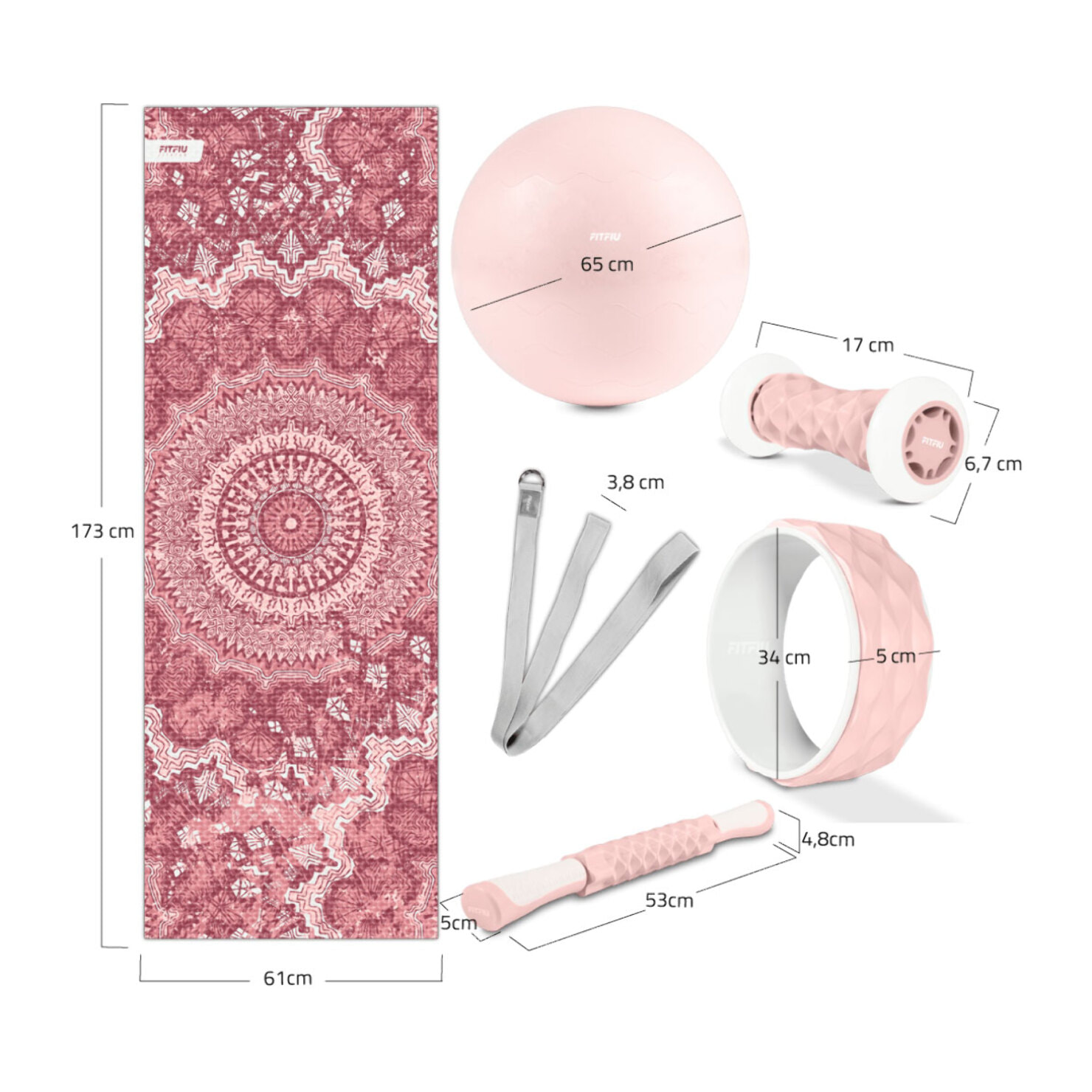 Kit de Yoga y Pilates ROSA 6 accesorios con esterilla, pelota, rueda, masajeadores y correa