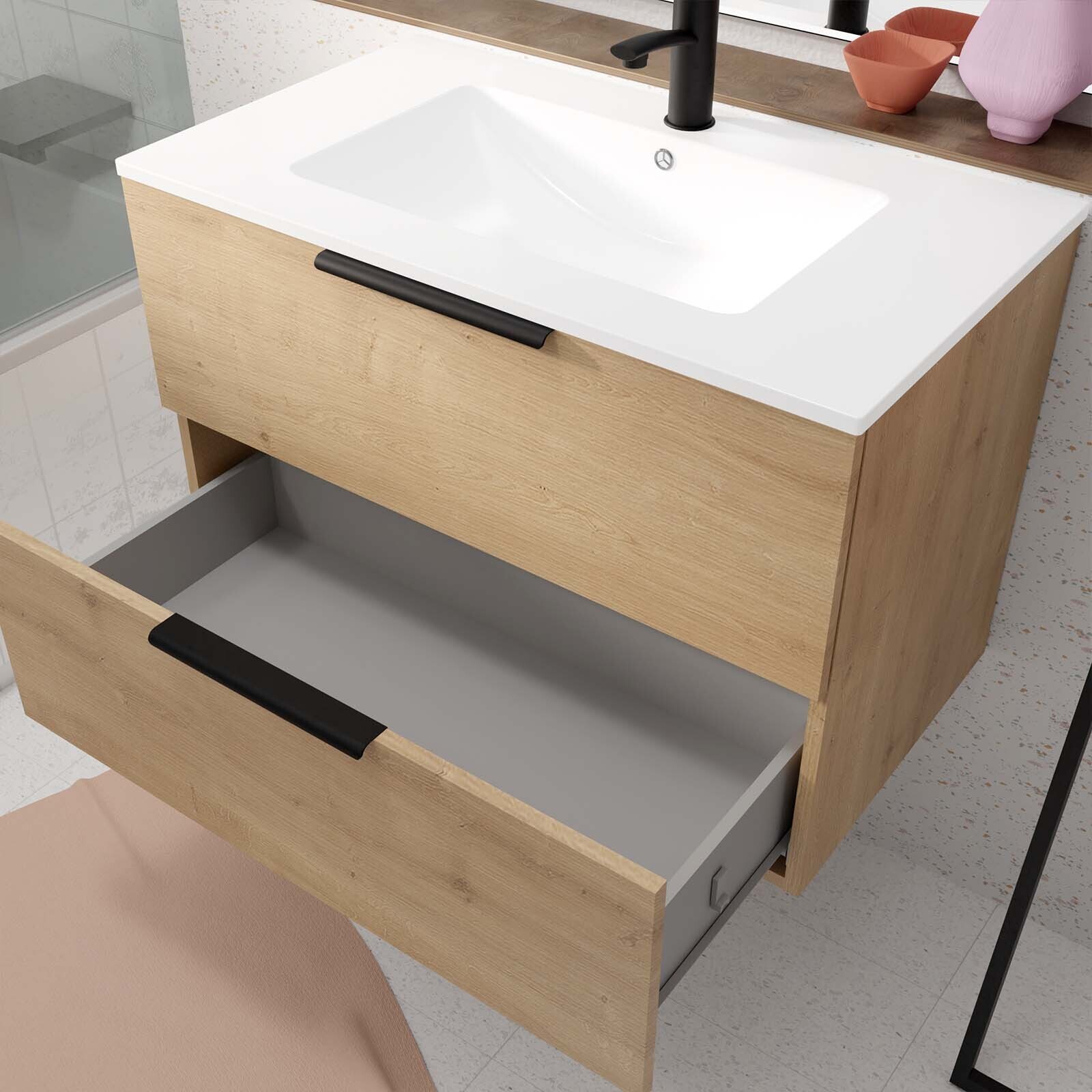 Meuble de Salle de Bains 60cm Suspendu Decor Bois Clair 2 Tiroirs - Vasque Blanche - ELEMENTARY