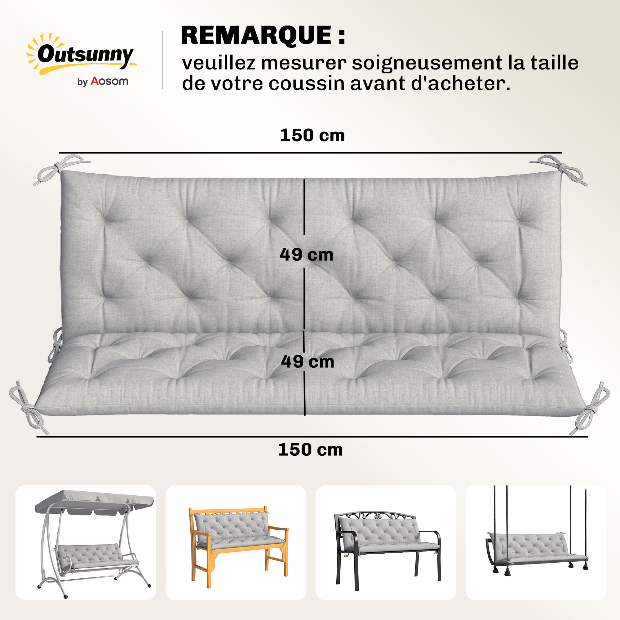Coussin matelas assise dossier pour banc de jardin balancelle canapé 3 places grand confort 150 x 98 x 8 cm gris