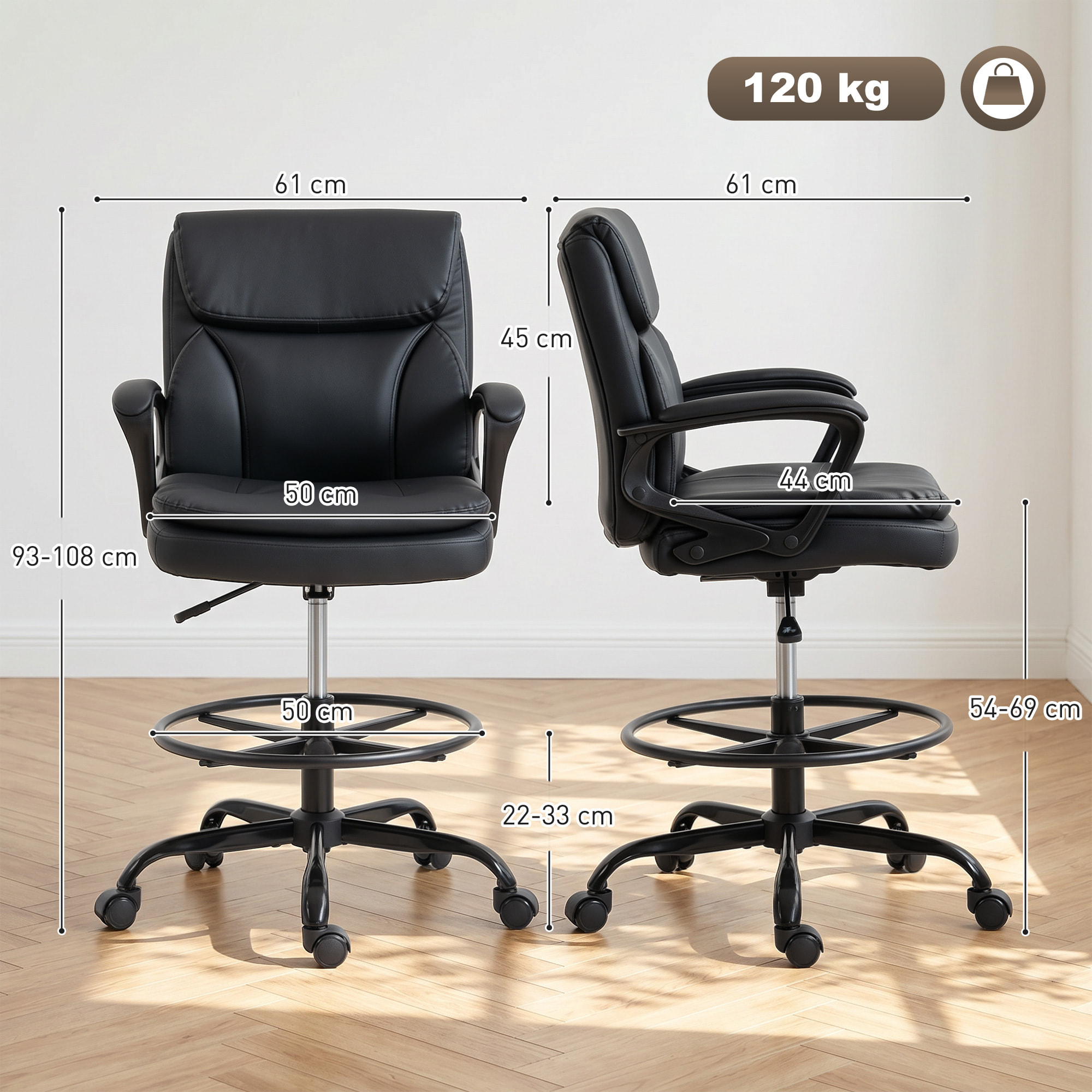 Silla de Escritorio Alta, Silla de Dibujo Ergonómica con Reposapiés Ajustable, Altura Regulable, Ruedas Giratorias, Tapizado en PVC para Oficina, Estudio, Negro
