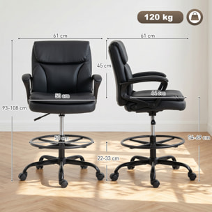 Silla de Escritorio Alta, Silla de Dibujo Ergonómica con Reposapiés Ajustable, Altura Regulable, Ruedas Giratorias, Tapizado en PVC para Oficina, Estudio, Negro