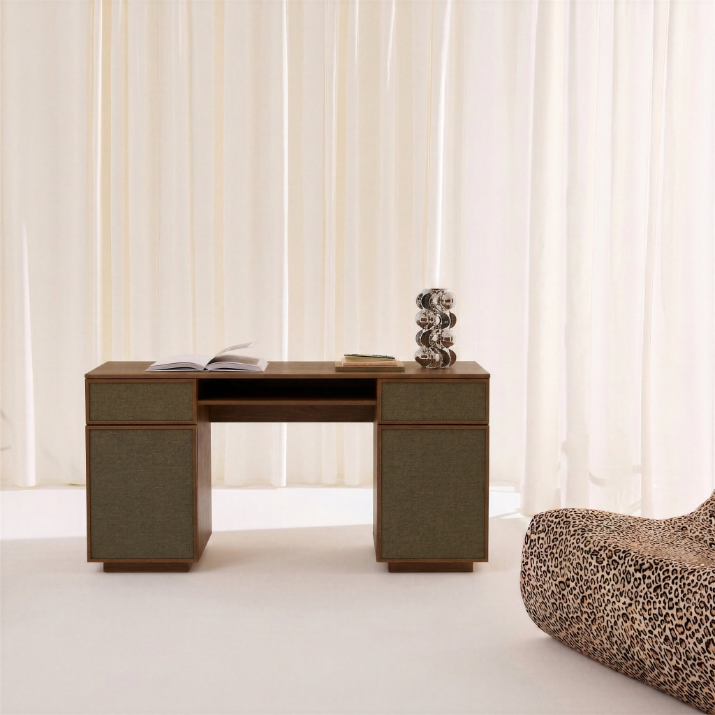 Bureau décor bois et tissu 2 portes 2 tiroirs 1 niche 140cm KUBA