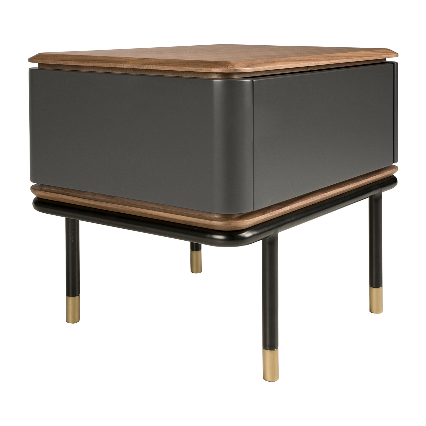 Mesita de noche Angel Cerdá de madera de MDF en gris oscuro en mate y patas de acero inoxidable en negro tapa de madera chapada en nogal 60x45x50cm