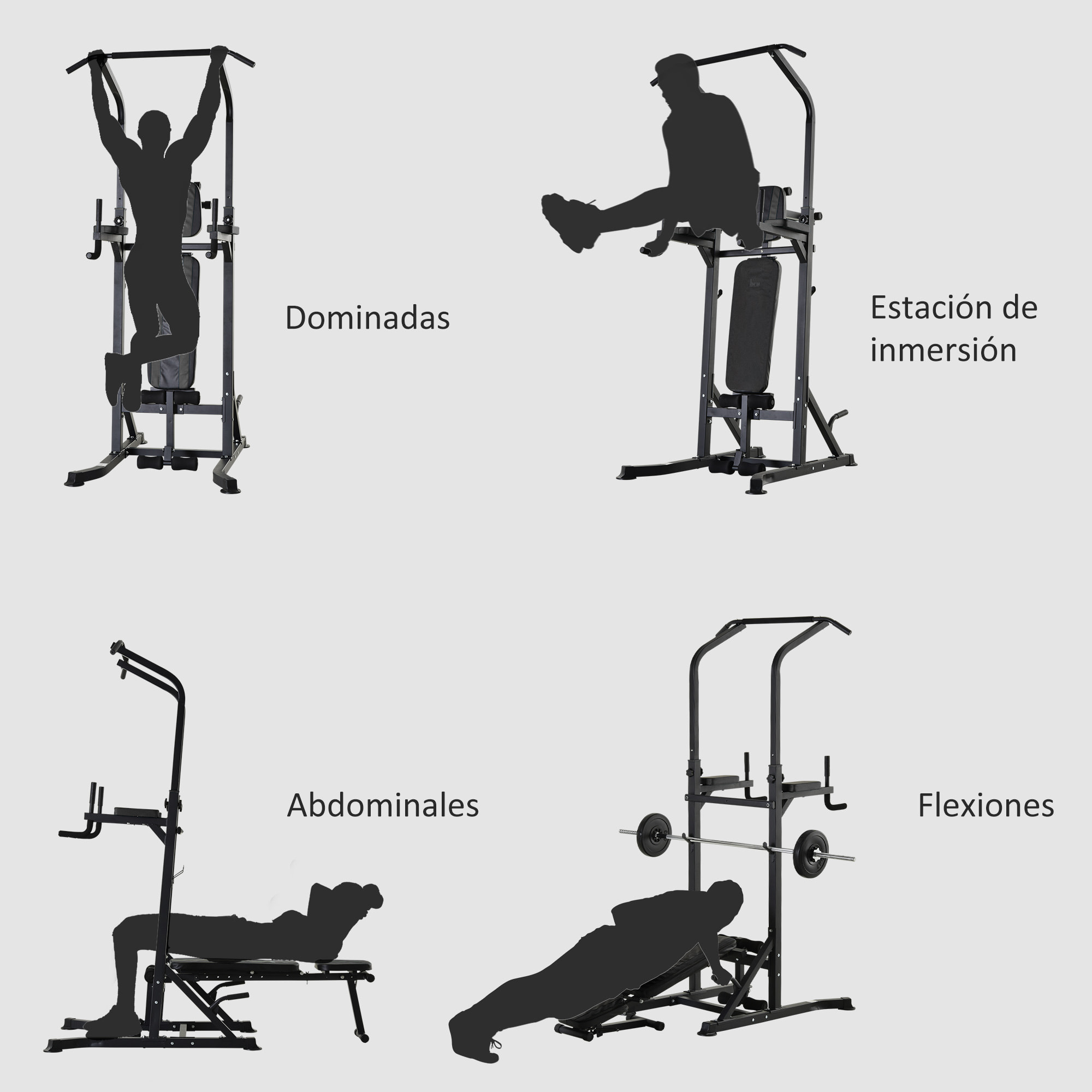 Estación de Musculación Torre de Entrenamiento Altura Ajustable con Barra de Dominadas y Banco Plegable para Fitness en Casa Gimnasio Carga 150 kg 99x178x230 cm Negro