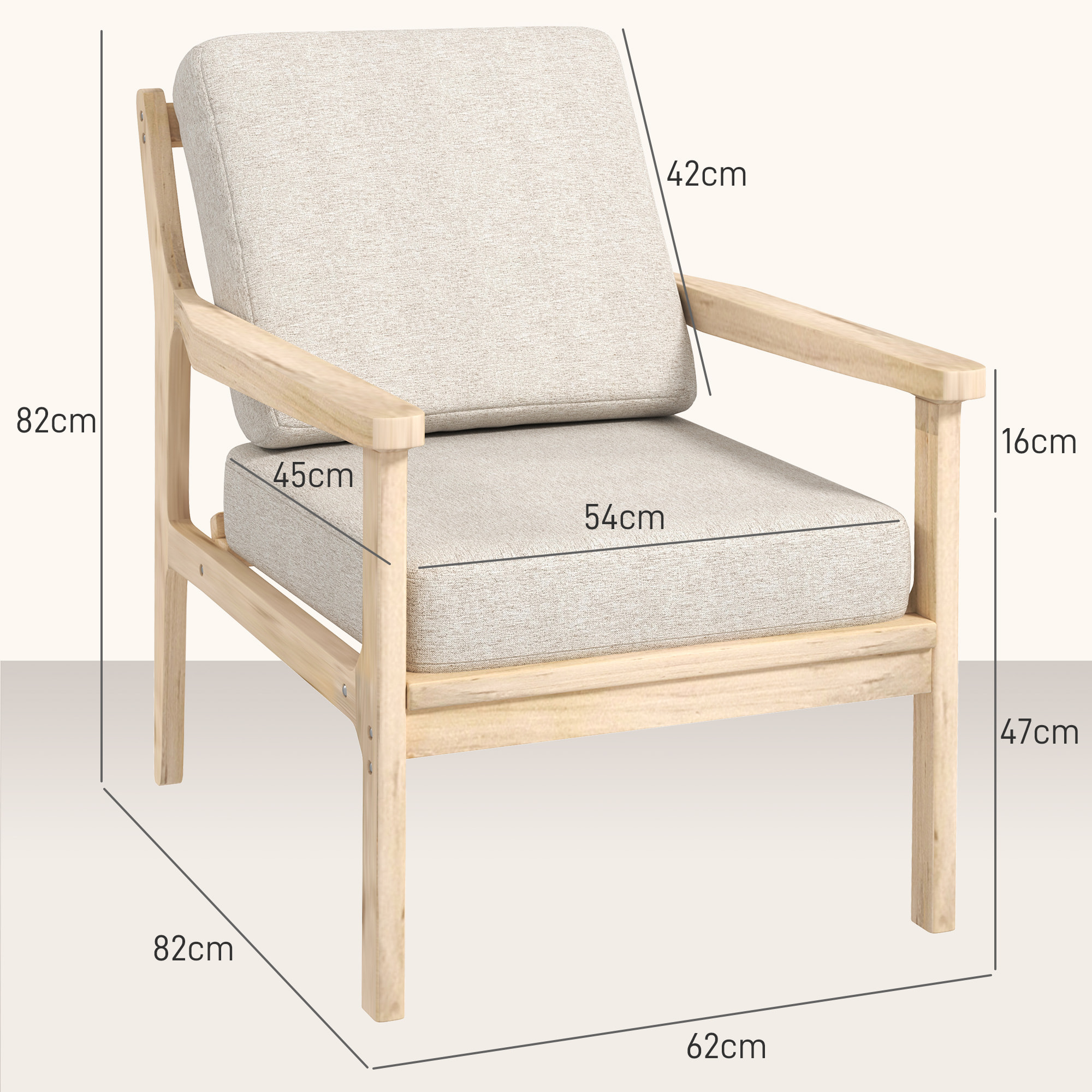 Fauteuil lounge style nordique piètement structure accoudoirs bois naturel épais coussins tissu beige