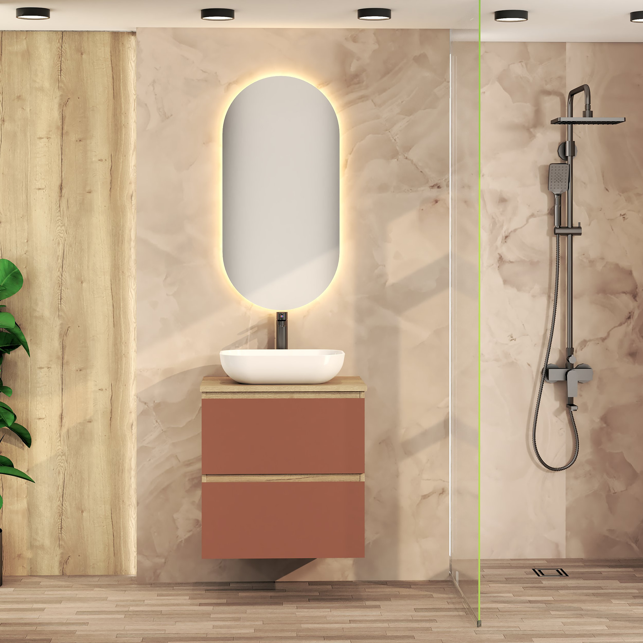 Conjunto de Baño Nia | Mueble Suspendido | 60 cm Scarlato | Dos Cajones | Lavabo Sobrepuesto | No incluye Espejo | Mueble Montado| Alday