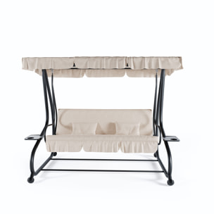 Dondolo 3 Posti Reclinabile Tettuccio Parasole Regolabile Cuscini Imbottiti Diventa Letto Struttura Robusta In Acciaio 200 x 120 x 160 cm Beige