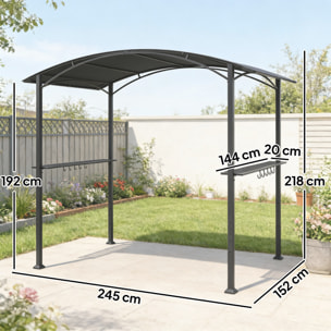 Carpa Barbacoa 2,4 x 1,5 m, Cenador de Pérgola con 2 Estantes Laterales, Toldo Resistente a la intemperie, Ganchos y Estructura de Acero, para Jardín Terraza Exterior Camping BBQ, Gris Oscuro