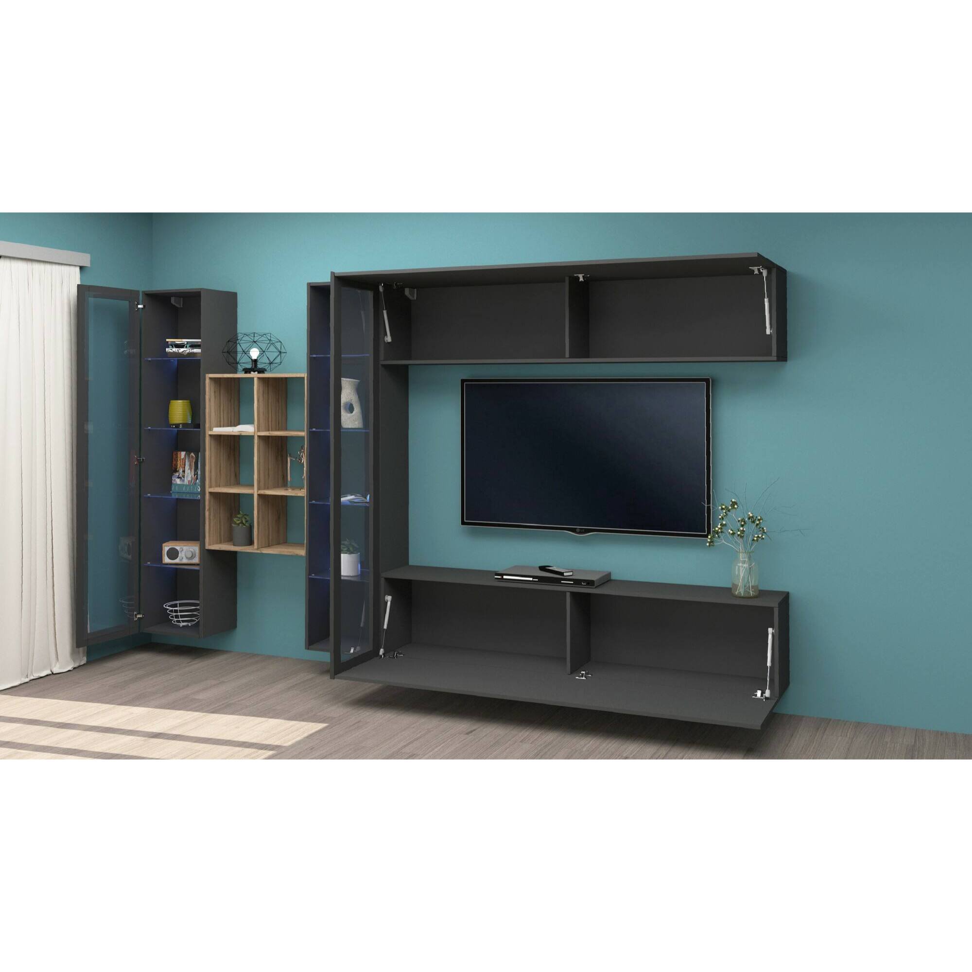 Parete attrezzata Demetrio, Set salotto porta TV a 4 ante, Mobile soggiorno multiuso, 100% Made in Italy, cm 280x30h180, Antracite e Acero