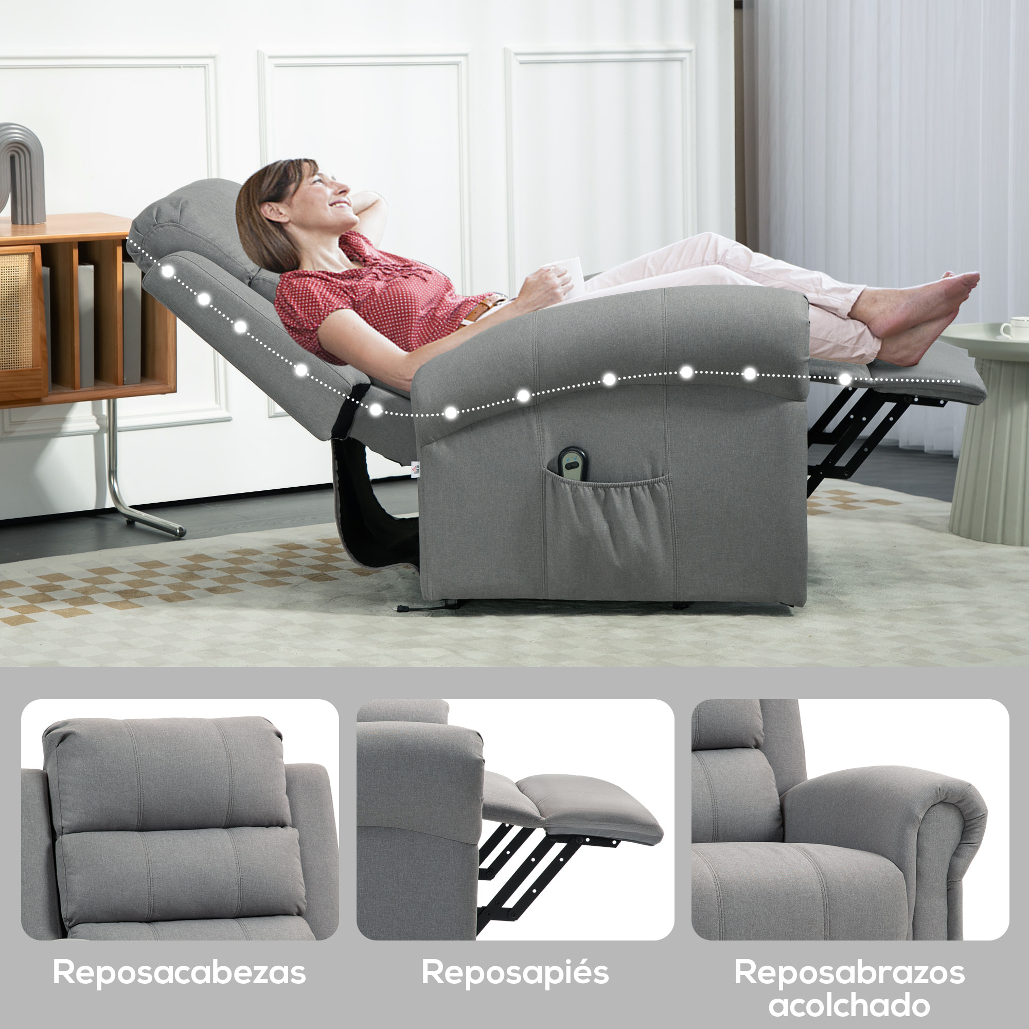 Sillón Relax Reclinable Eléctrico Levanta Personas, con Masaje Vibratorio y Calor, Sillón Elevador, con Control Remoto, Reposapiés, Tapizado en Lino, Bolsillos Laterales, Gris