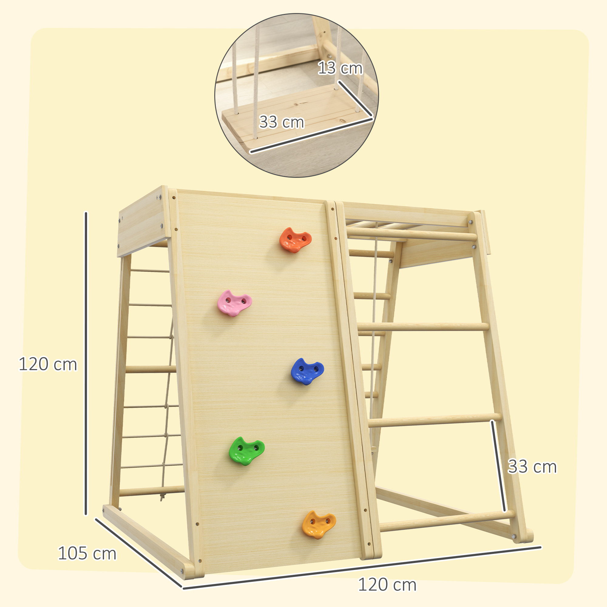 Ensemble d'escalade aire de jeux 5 en 1 avec balançoire, mur d'escalade, filet à grimper, échelle horizontale, jouets d'escalade pour enfants, 120 x 105 x 120 cm, bois naturel