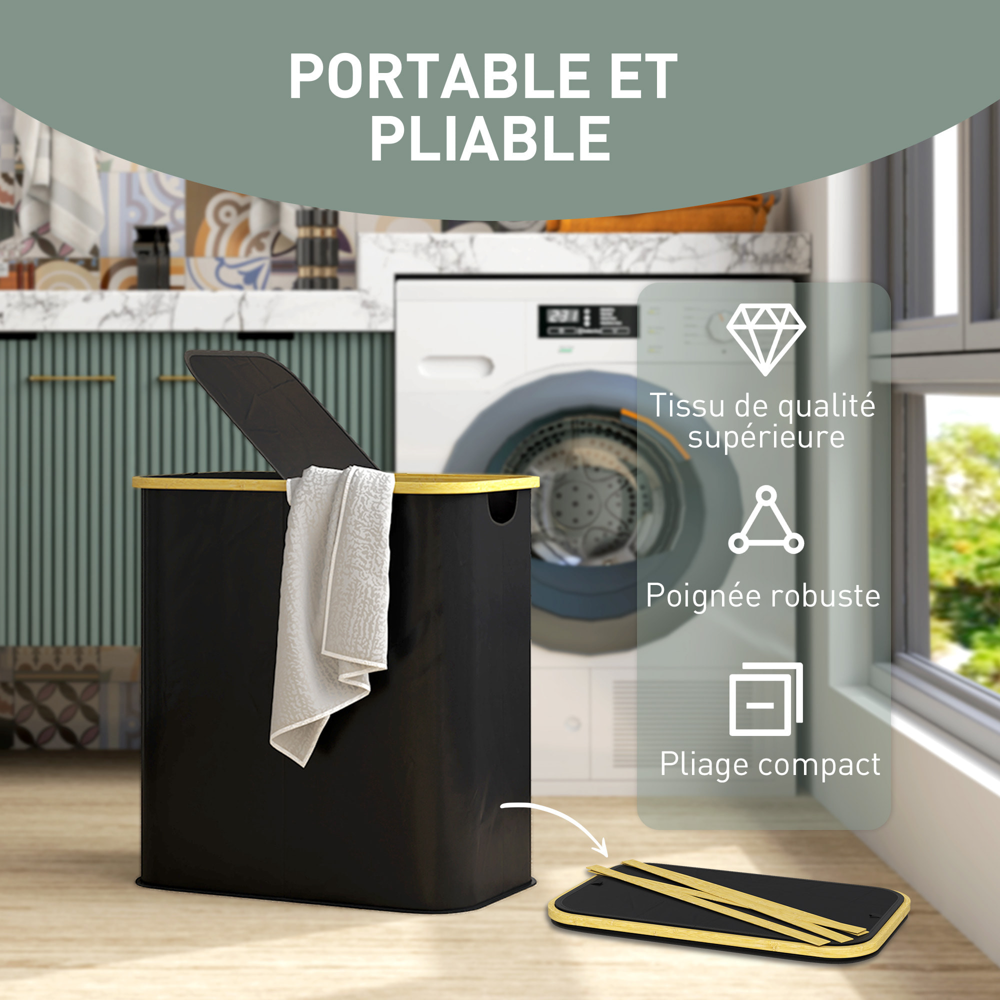 Panier à linge double pliable 80L - corbeille à linge sale avec couvercle et poignées - non tissé noir bambou