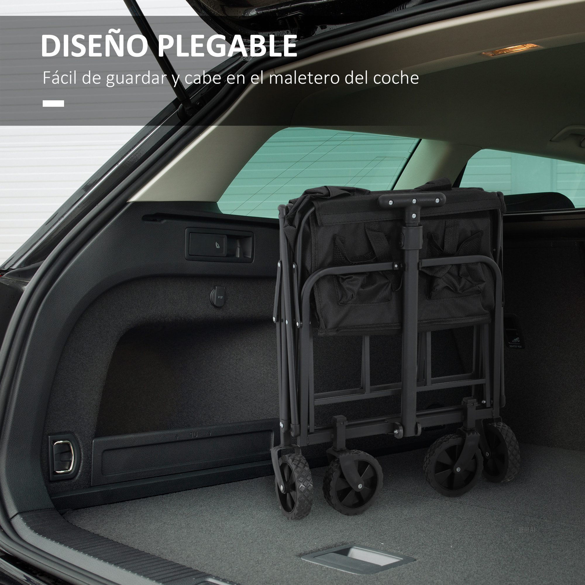 Carro Playa con Ruedas Carro de Jardín Plegable con Asa Telescópica Ajustable 2 Bolsas de Almacenaje Carga 120 kg Carrito Transporte para Todo Terreno Jardín Campaña Compra Negro