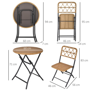 Conjunto de Mesa y 2 Sillas Plegables Ratán para Jardín Exterior Acero Φ60x71 cm