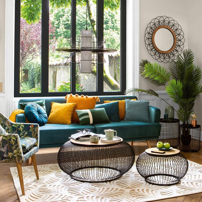 Canapé convertible "Jack" bleu en velours 3 places