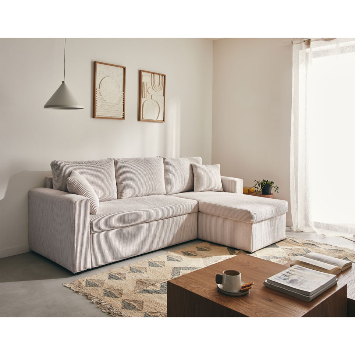 Cyrus - canapé d'angle réversible 4 places - convertible avec coffre - en velours côtelé - Beige