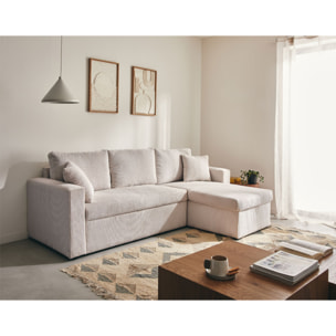 Cyrus - canapé d'angle réversible 4 places - convertible avec coffre - en velours côtelé - Beige
