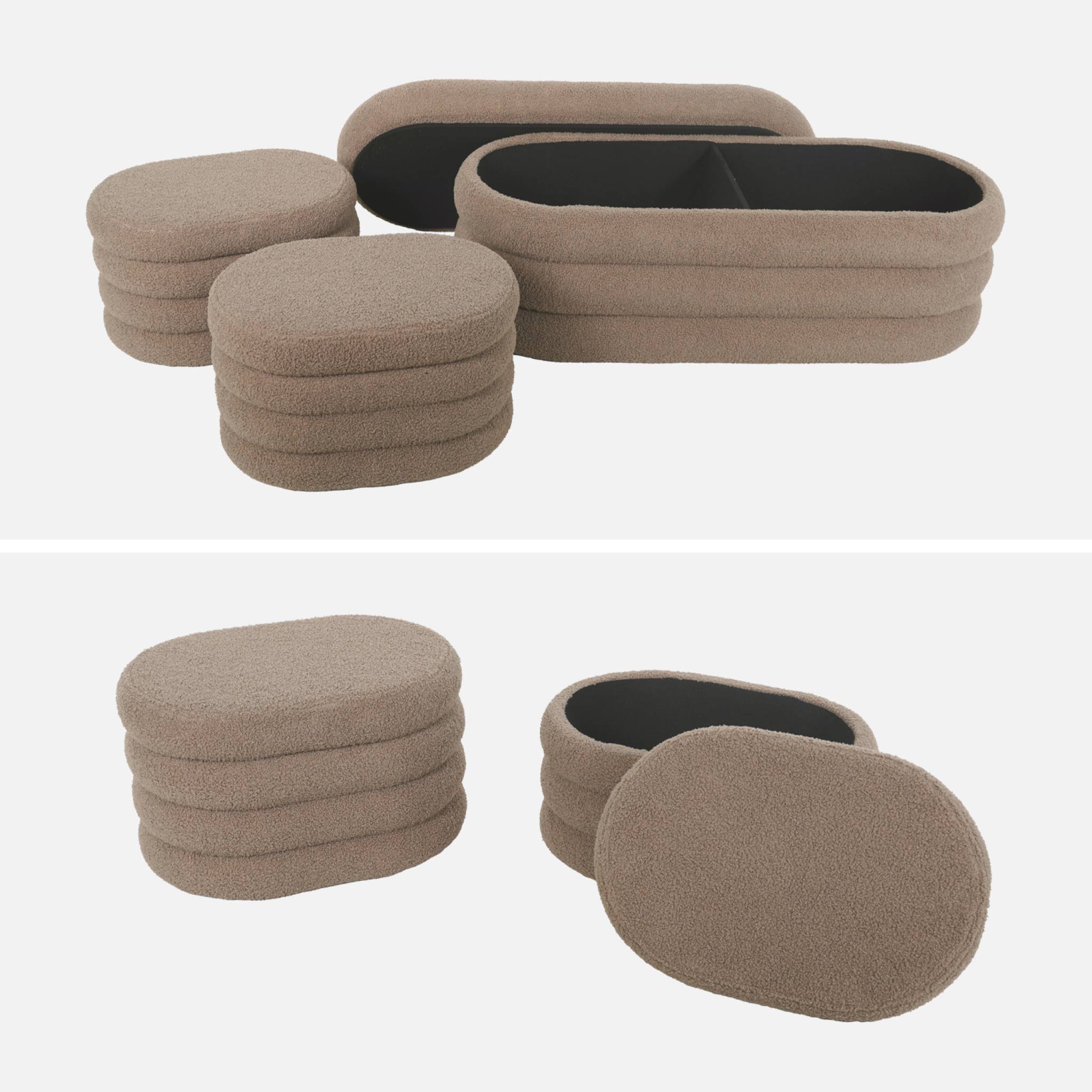 Banc coffre en bouclettes taupe avec 2 poufs ovales de rangement intégrés - L111cm