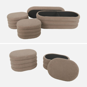 Banc coffre en bouclettes taupe avec 2 poufs ovales de rangement intégrés - L111cm