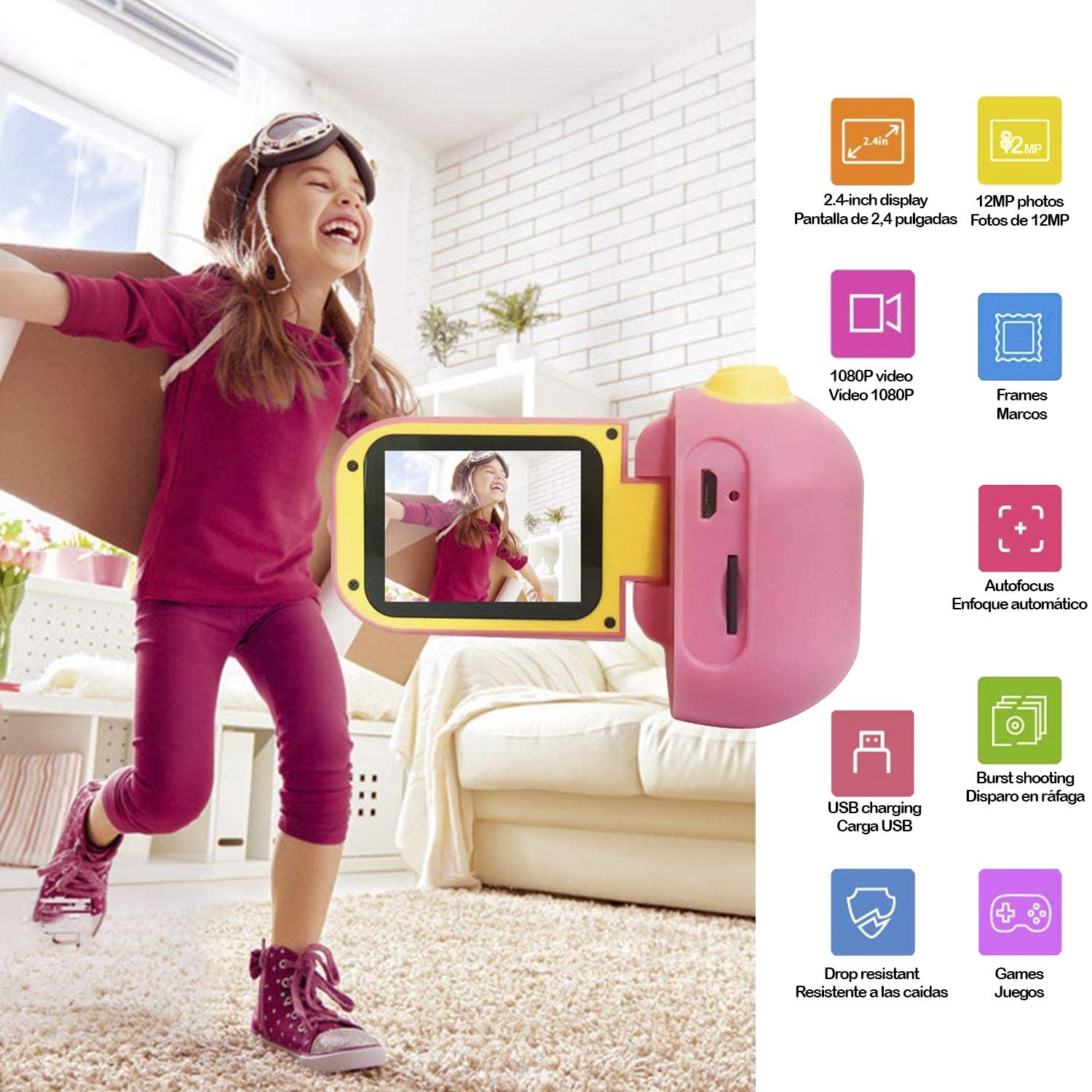 Fotocamera digitale per bambini di foto e video con giochi. Schermo pieghevole da 2,4''. 12 mpx e video Full HD.