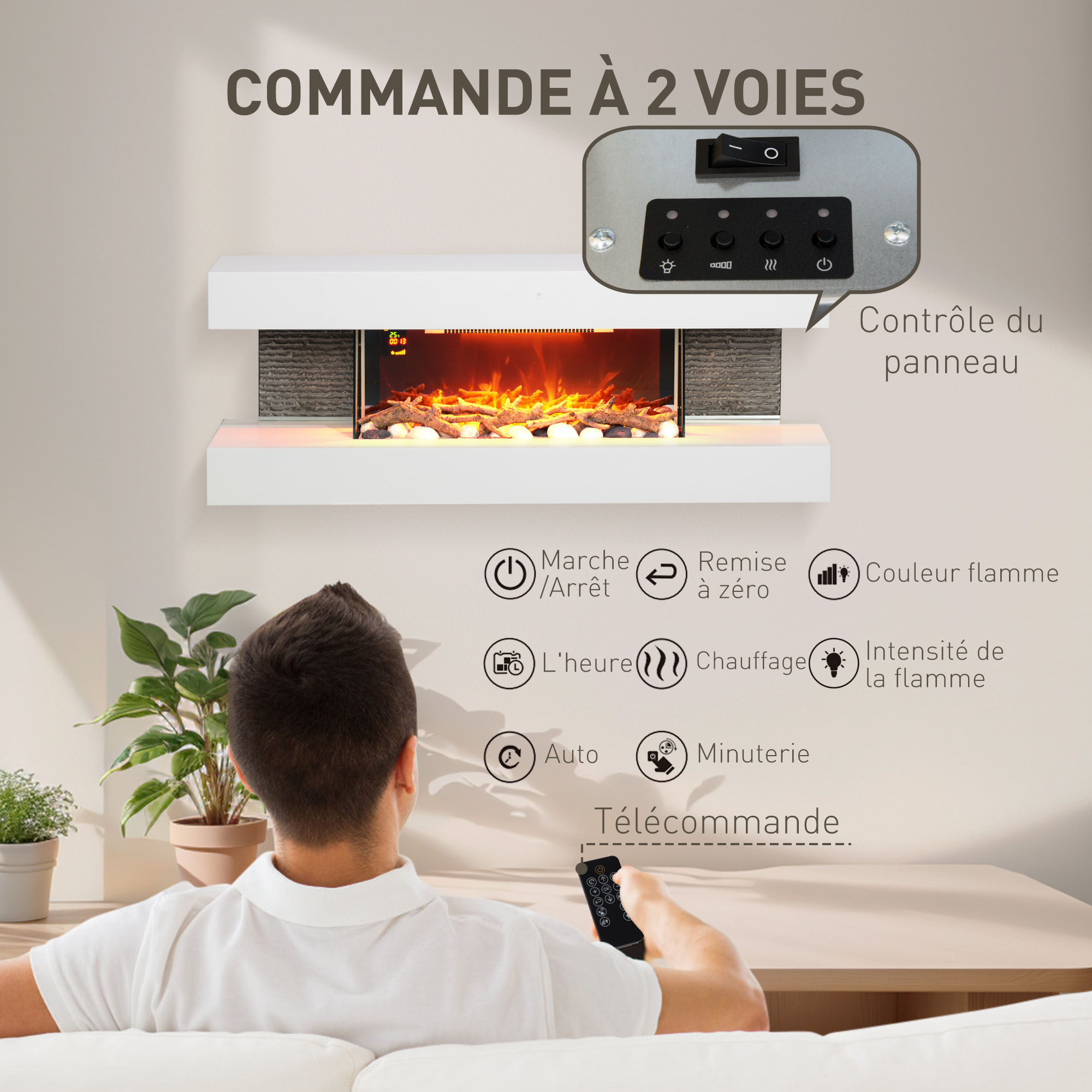 Cheminée électrique design contemporain 2000W effets flammes LED 3D dim. 119L x 30l x 45H cm éléments décoratifs télécommande inclus blanc