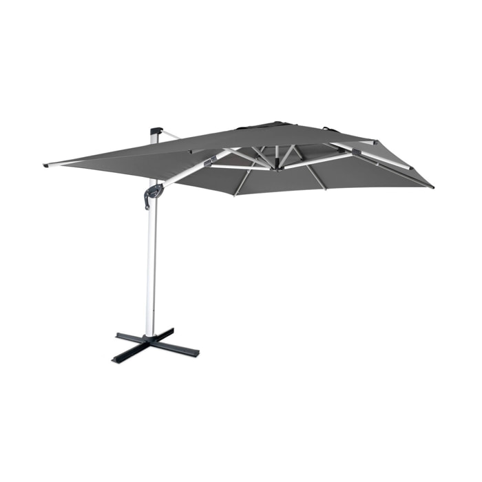 Parasol déporté haut de gamme 3x4m gris. toile en polyester teintée dans la masse. structure aluminium anodisé. housse incluse