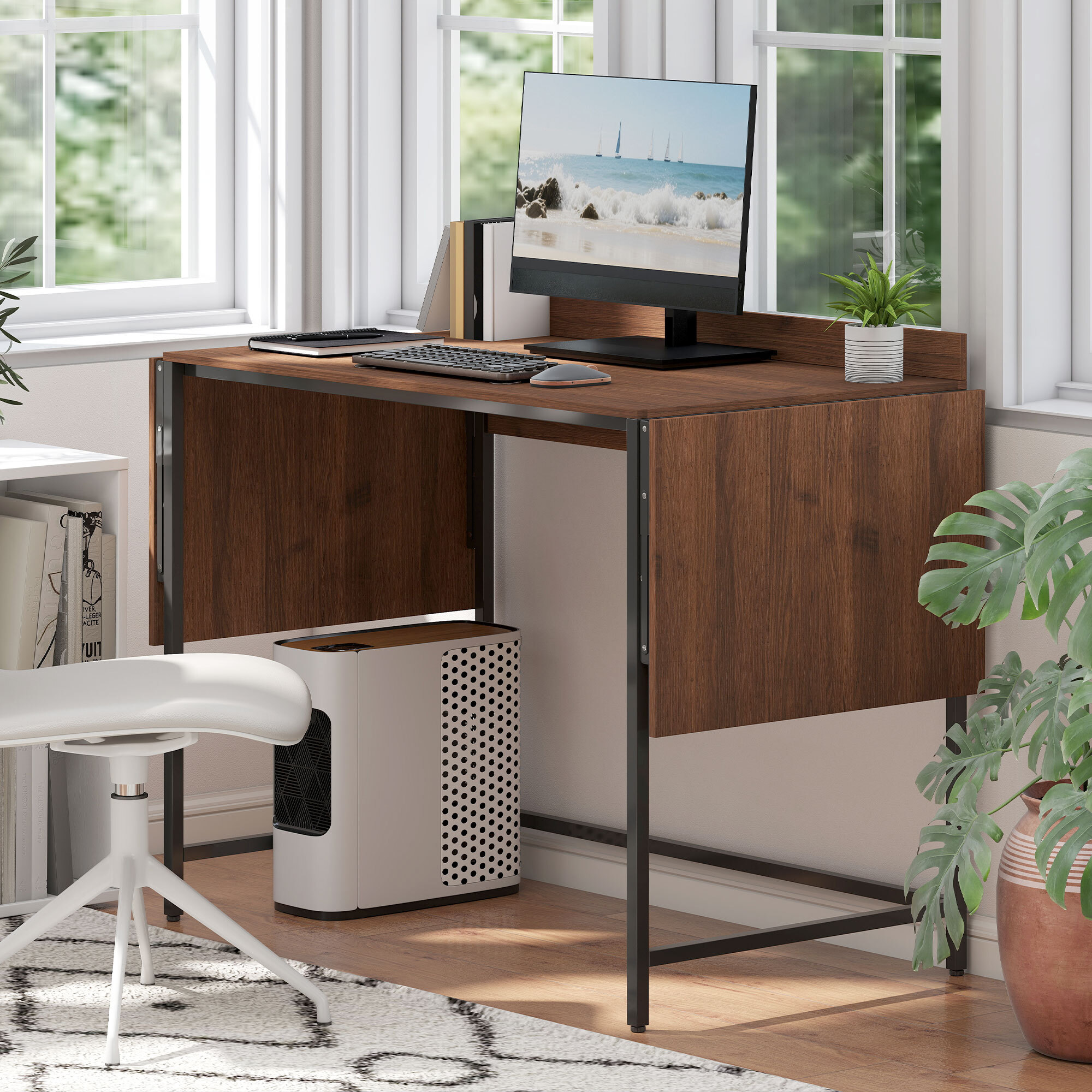 Bureau pliable bureau pliant 2 rallonges rebord plateau arrière métal noir effet bois noyer