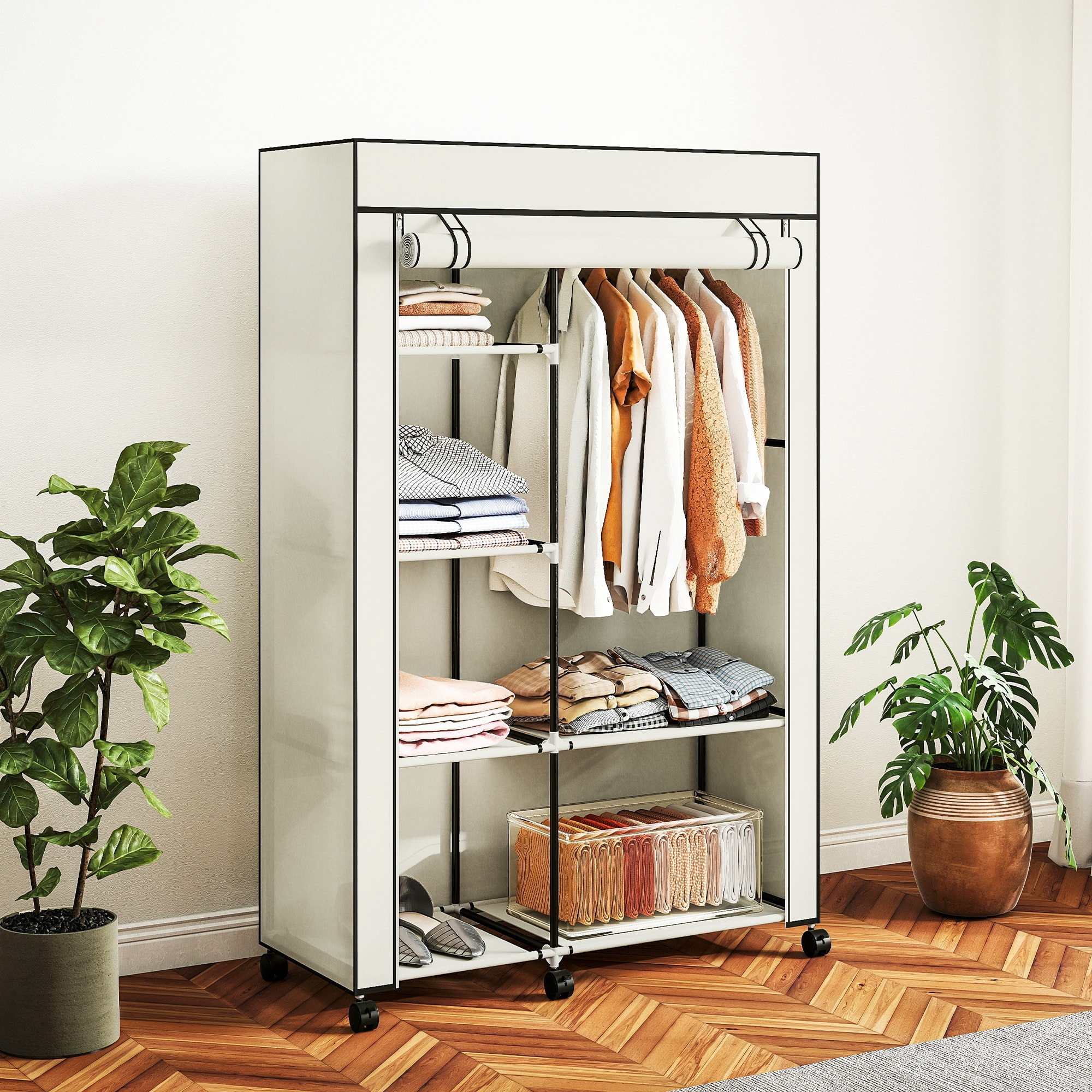 Armario de Tela con Ruedas, Armario Portátil, con Barra para Colgar, 6 Estantes, Marco de Acero, para Dormitorio, Vestidor, 103x43x162,5 cm, Crema