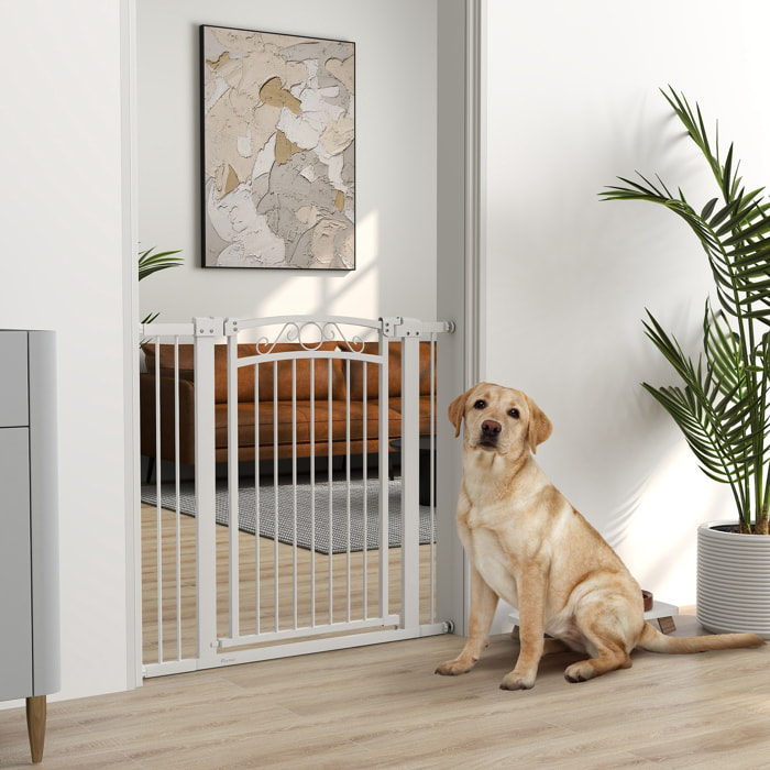 Barrera para Perros Puerta para Perros con Ancho Ajustable 76-104 cm Barrera de Seguridad para Perros con 2 Extensiones y Doble Bloqueo para Escaleras y Puertas Blanco