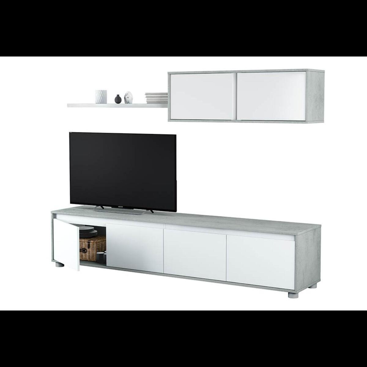 Parete Attrezzata Ginevra Mobile Soggiorno TV con Mensole Salotto Legno Base Televisione Sala da Pranzo Design Moderno 200x41x43 cm Bianco e Cemento