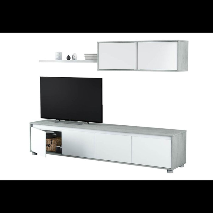 Parete Attrezzata Ginevra Mobile Soggiorno TV con Mensole Salotto Legno Base Televisione Sala da Pranzo Design Moderno 200x41x43 cm Bianco e Cemento