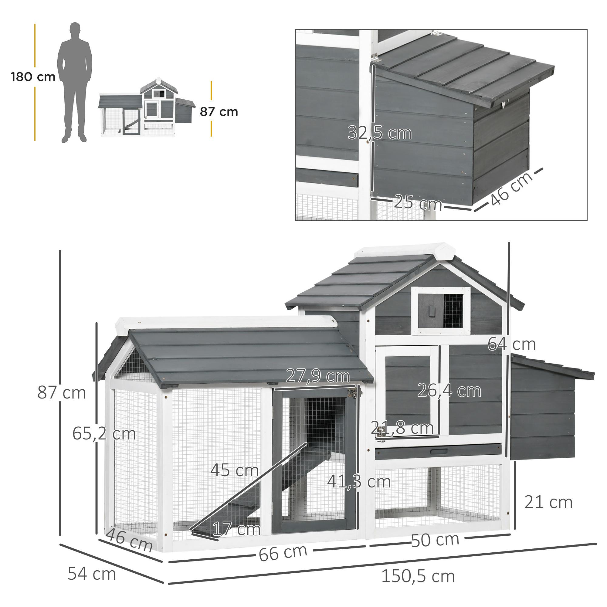 Gallinero de Madera para Exterior Jaula para 2-3 Gallineras con 2 Corrales de Alambre Techo Abrible Caja Nido Bandeja Extraíble y Rampa 150,5x54x87 cm Gris