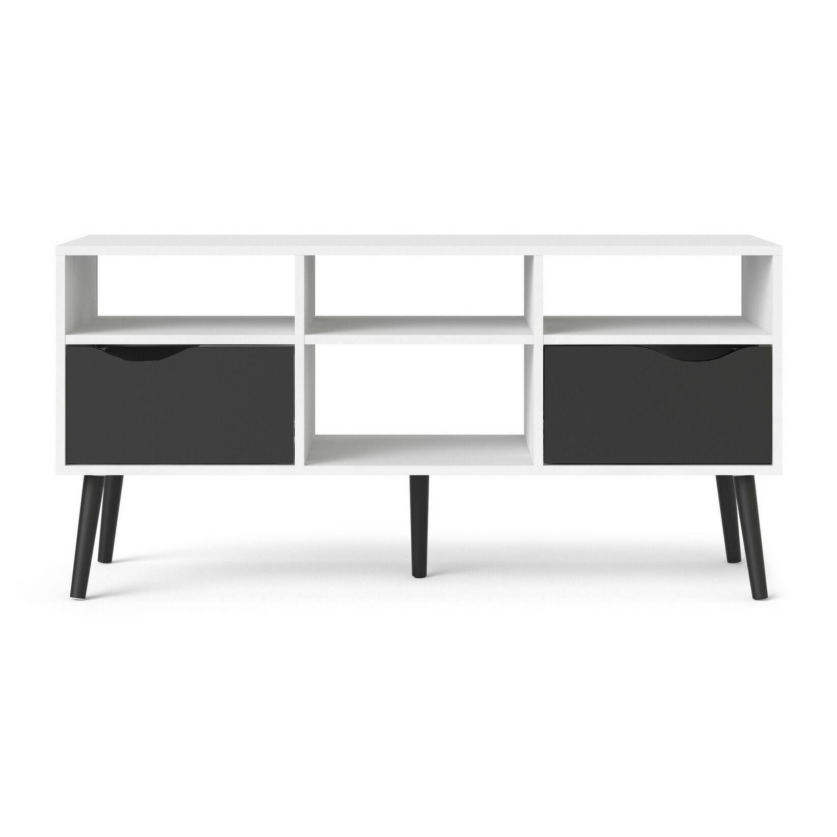 Mobile porta TV a due cassetti e scomparti aperti, colore bianco e nero, cm 117 x 57 x 39