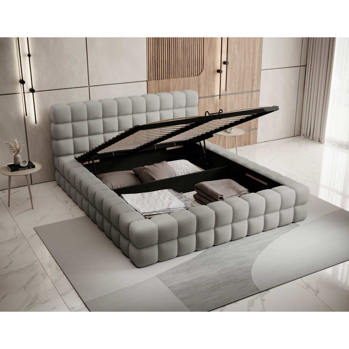 Kingston - lit coffre - 140x200 - sommier inclus - en tissu bouclette - Gris