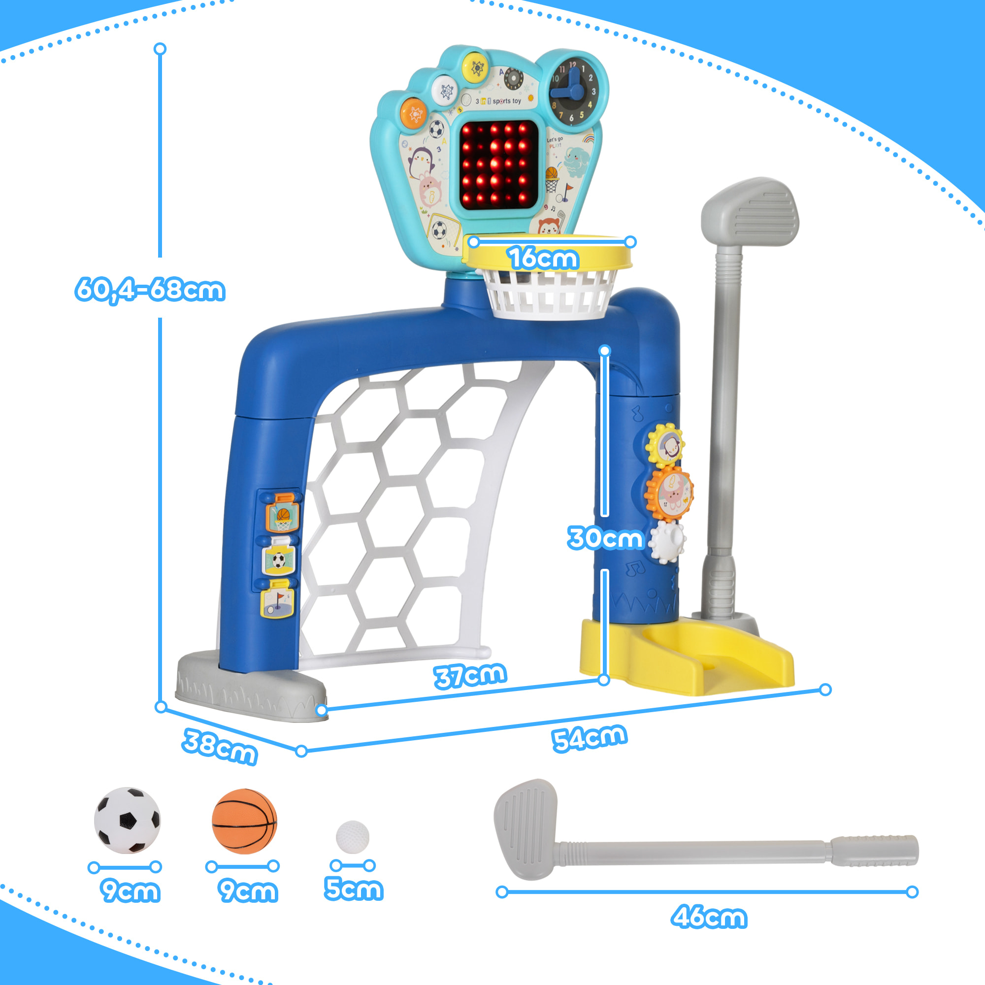 Jeux sportifs 3 en 1 enfant 18-48 mois - foot, basket, golf - effets lumineux sonores bleu