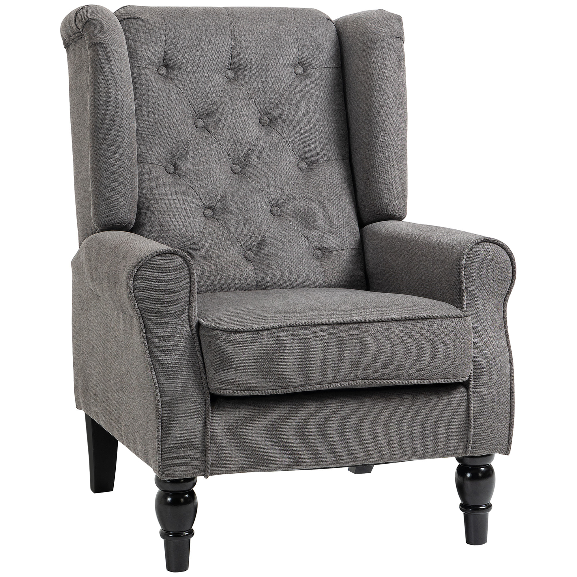 Fauteuil à oreilles style Chesterfield dossier capitonné grand confort bois noir tissu gris foncé