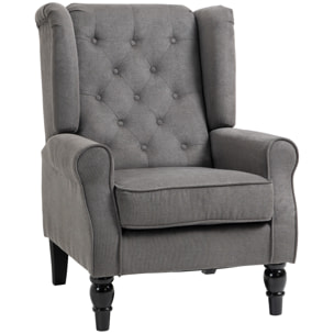 Fauteuil à oreilles style Chesterfield dossier capitonné grand confort bois noir tissu gris foncé