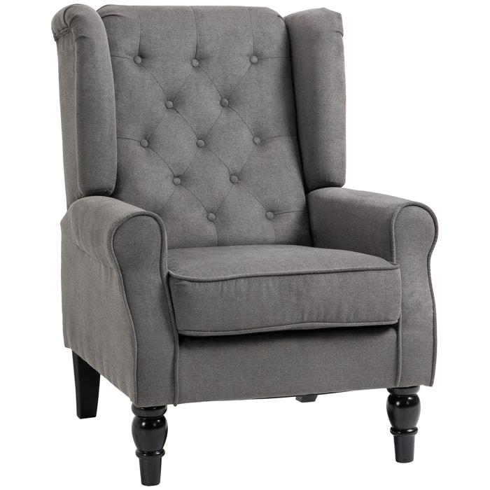 Fauteuil à oreilles style Chesterfield dossier capitonné grand confort bois noir tissu gris foncé