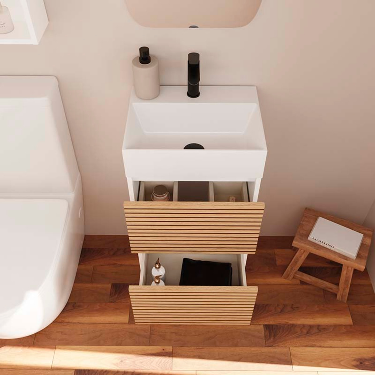 Conjunto de Baño YINU | 45 cm Blanco - Solomon | Fondo 36 cm | Dos Cajones | Lavabo Encastrado | No incluye Espejo | Mueble Montado | Alday