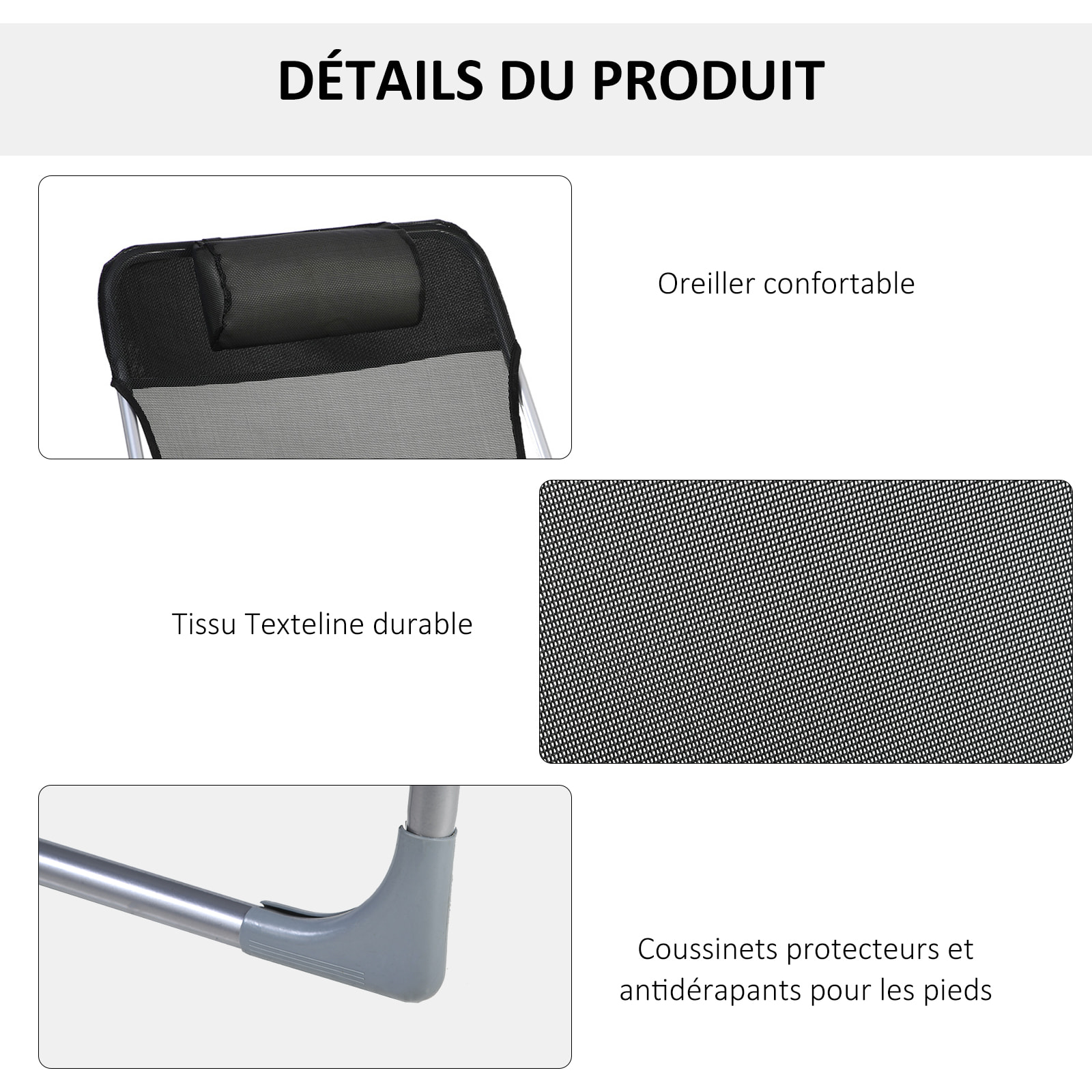 Bain de soleil transat pliable dossier réglable 5 positions acier teslin noir