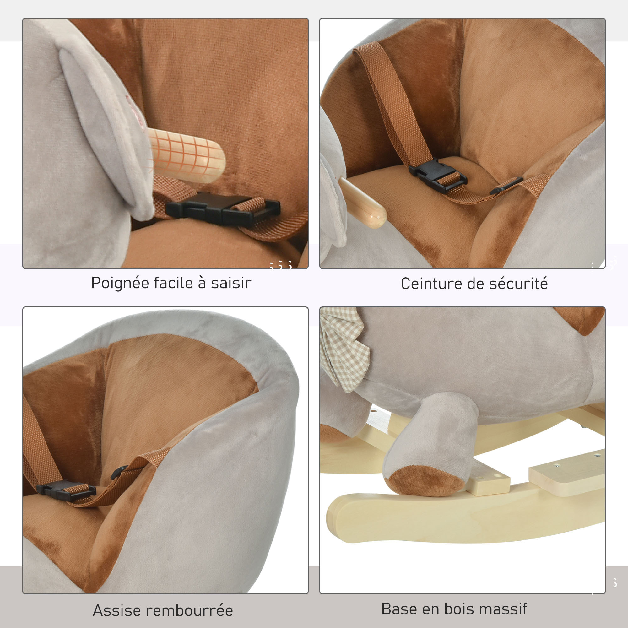 Cheval à bascule jouet à bascule ourson fauteuil intégré ceinture de sécurité fonction sonore grognement gris marron