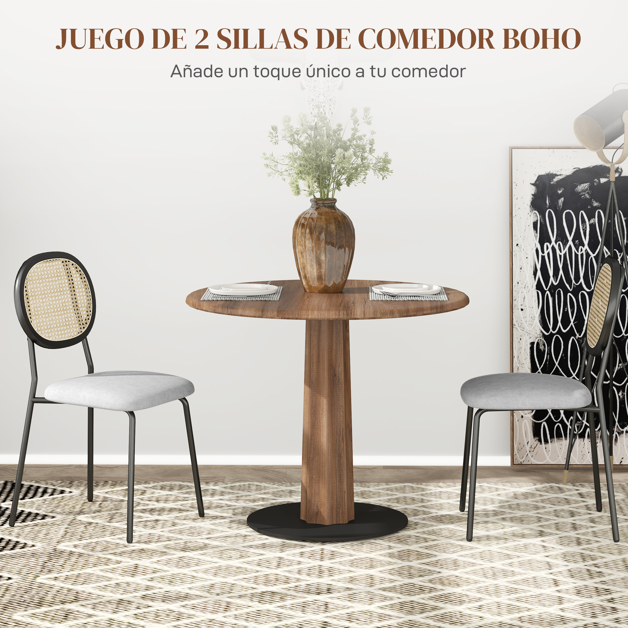 Pack de 2 Sillas de Comedor Sillas de Cocina con Respaldo de Ratán Sintético y Marco de Acero para Salón 44x54x87 cm Gris y Negro