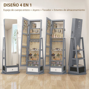 Espejo Joyero con Luces LED, Armario para Joyas, Armario Joyero con Espejo Entero, Giratorio de 360°, Cajón, Cerradura, Estantes Abiertos, Soporte para Secador, Gris Claro